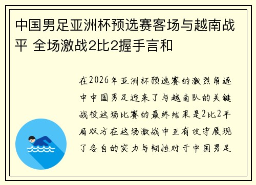 中国男足亚洲杯预选赛客场与越南战平 全场激战2比2握手言和