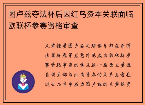 图卢兹夺法杯后因红鸟资本关联面临欧联杯参赛资格审查 图卢兹夺法杯后因红鸟资本关联面临欧联杯参赛资格审查